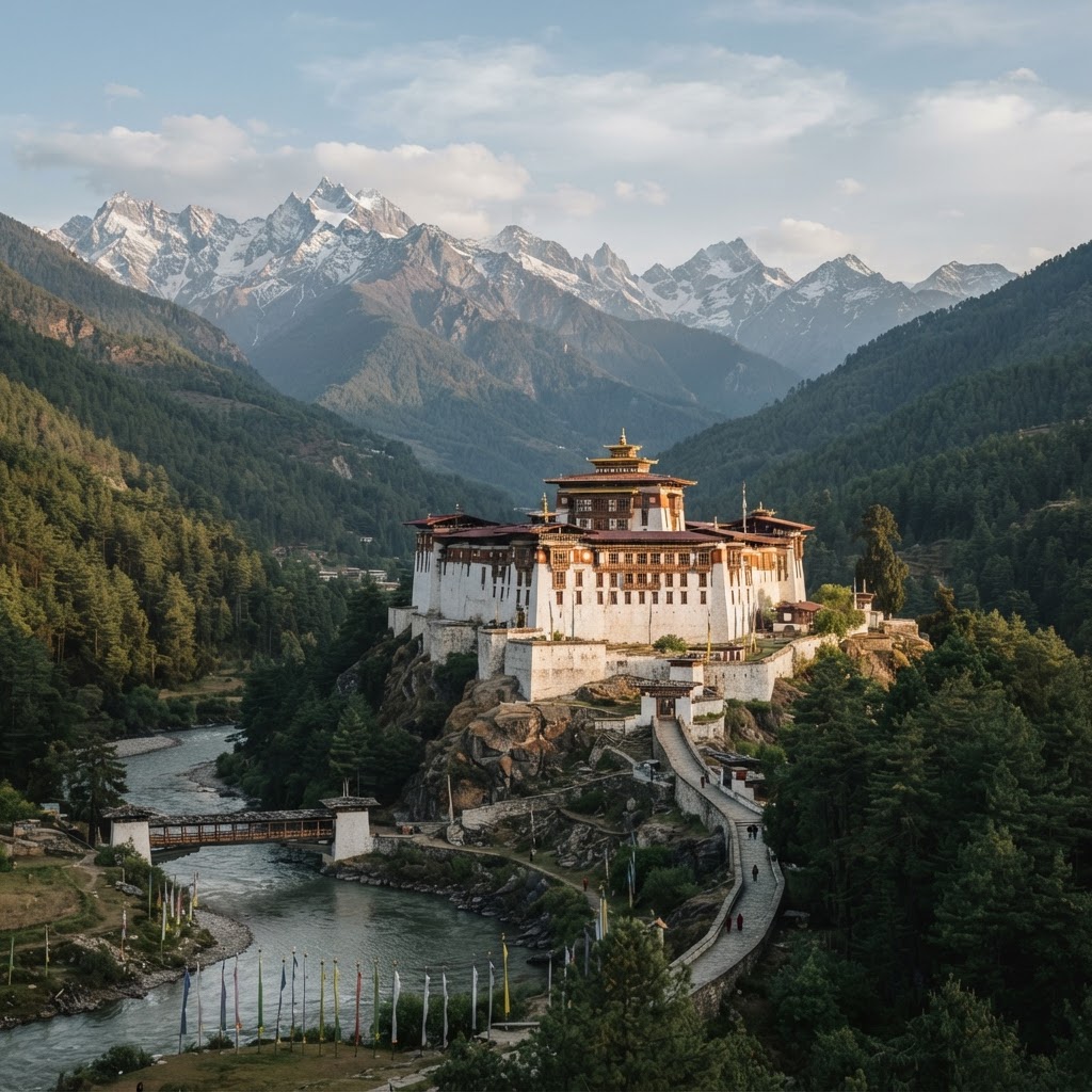 A view of Punakha Dzong situated at the confluence of the Pho Chhu and Mo Chhu rivers under the Himalayan mountain range.