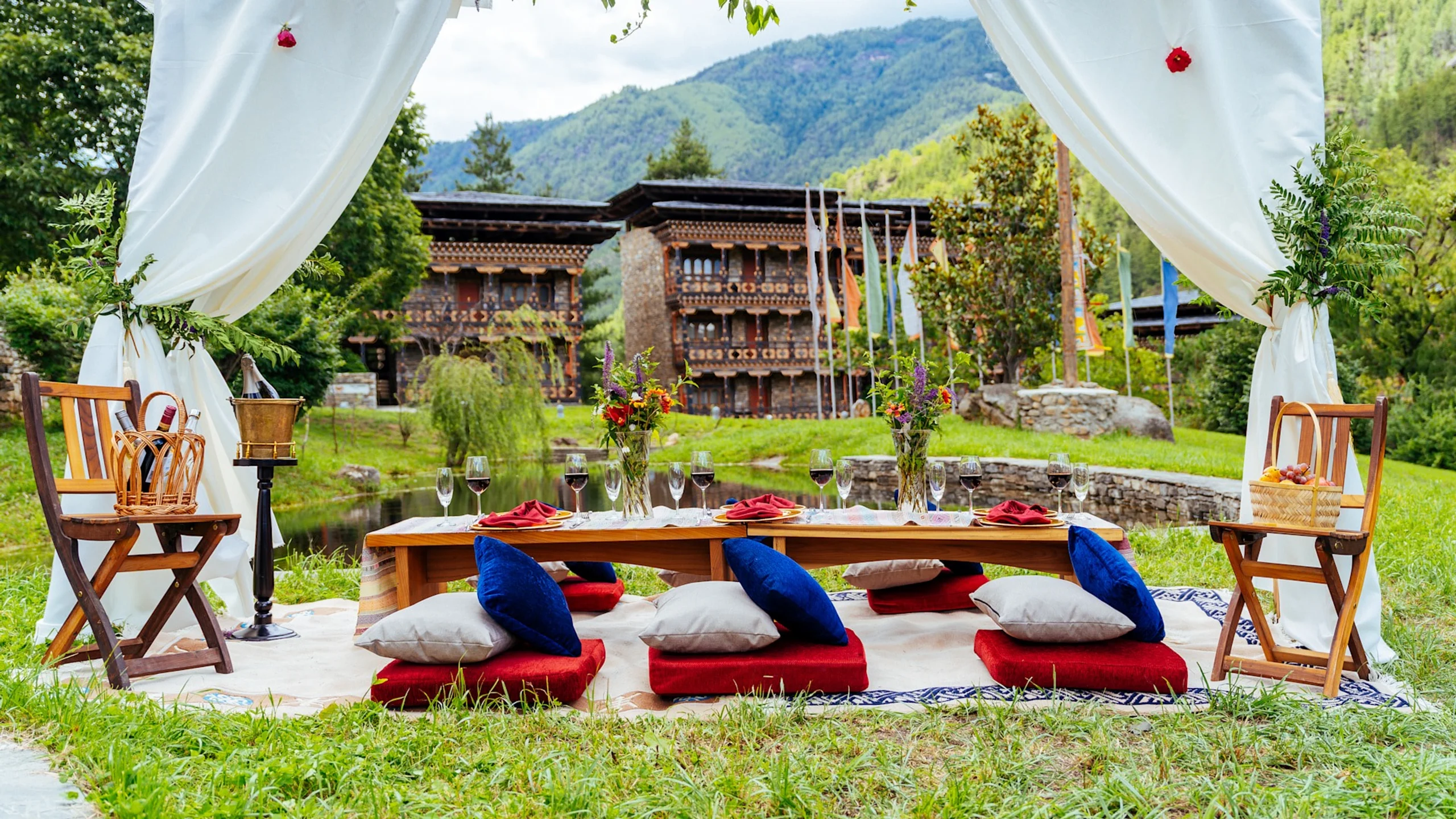 A private dinner set above the Paro valley at dusk