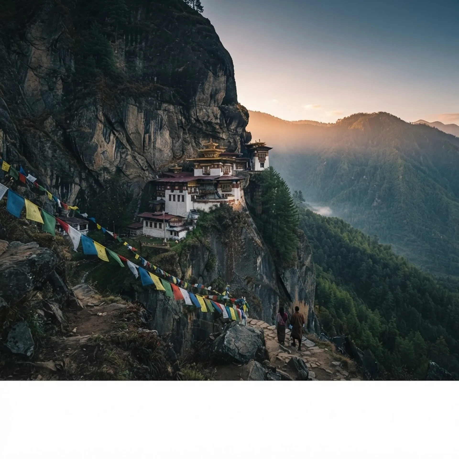 Prayer flags flutter beside Taktsang monastery, perched on a sheer granite cliff above the pine forests of the Paro valley.